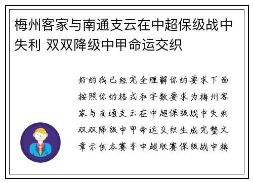 梅州客家与南通支云在中超保级战中失利 双双降级中甲命运交织